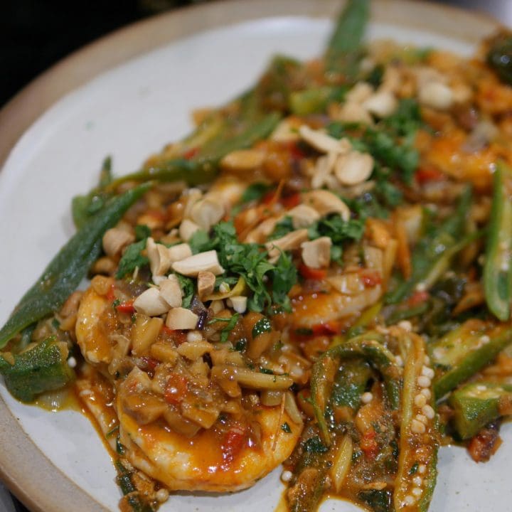 Macanese curried prawns with okra plated