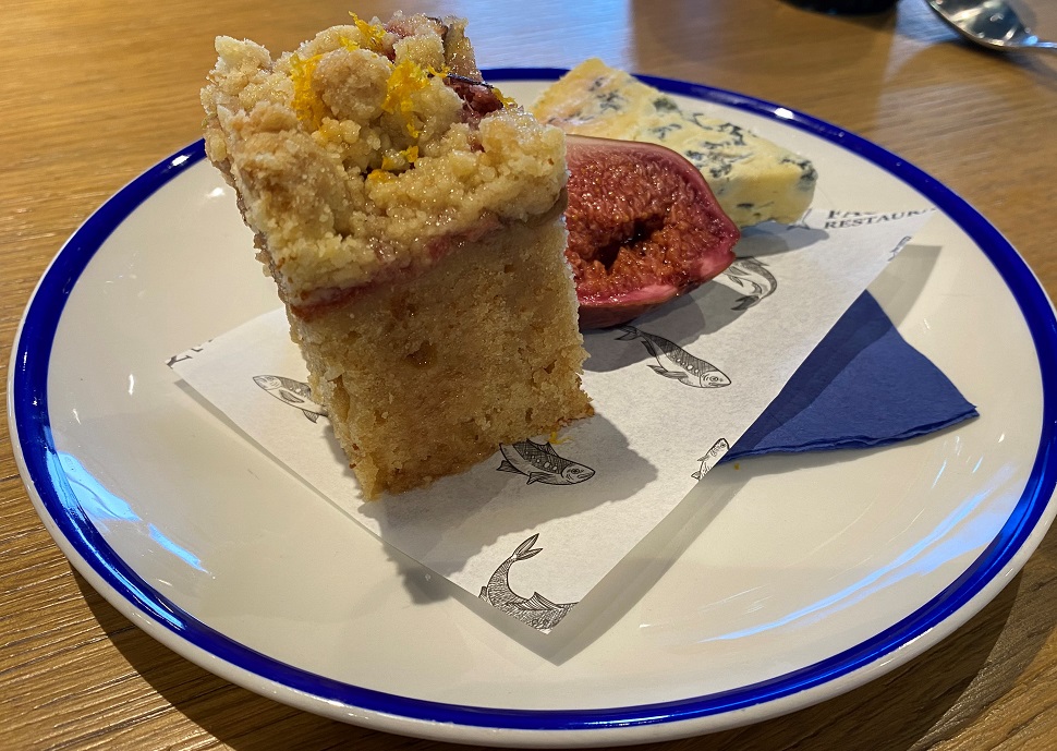 Cornish Blue cheese with poached fig and crumble topped cake