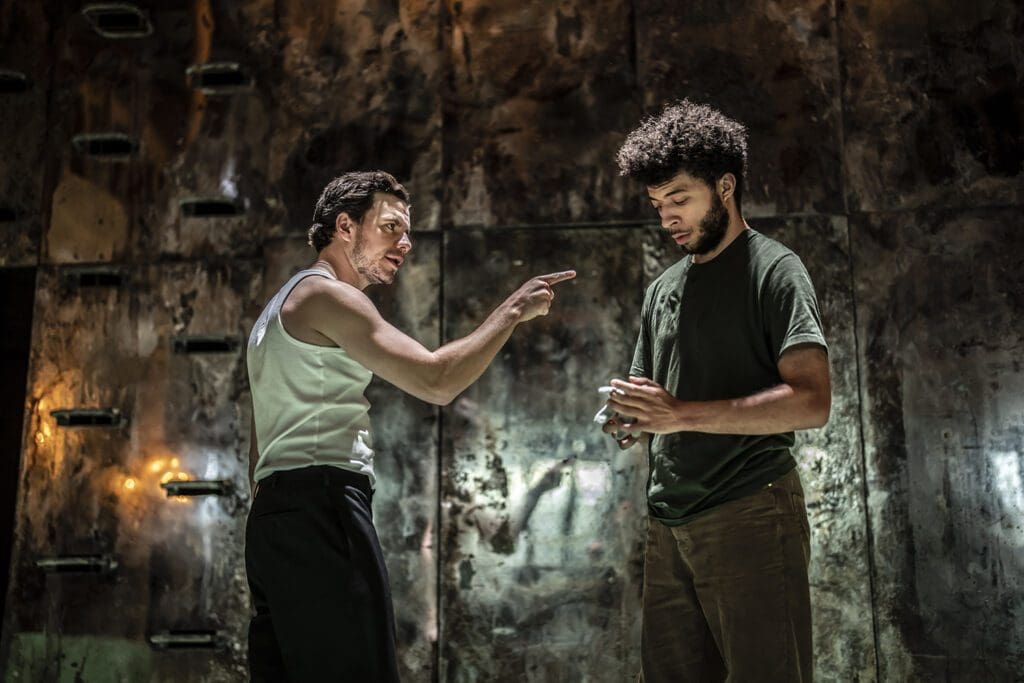Oliver Johnstone and Joshua Griffin in Henry V in the Sam Wanamaker Playhouse at the Globe