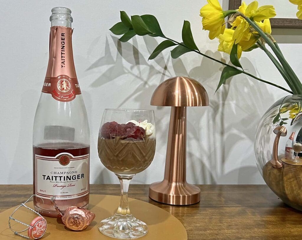 Taittinger Rose with chocolate mousse and raspberries