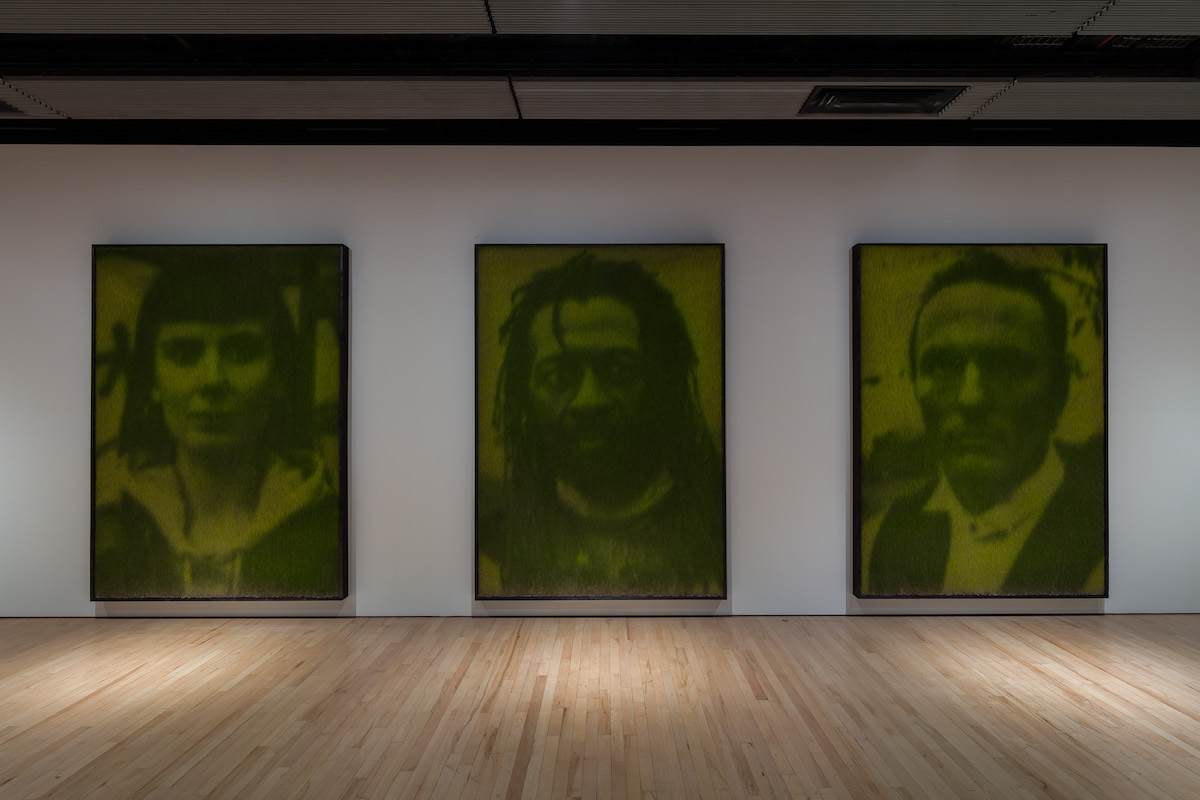 Three large scale photographic prints made from grass in a gallery space. Installation view of Ackroyd & Harvey, Dear Earth: Art and Hope in a Time of Crisis. Photo: Mark Blower. Courtesy the Hayward Gallery.