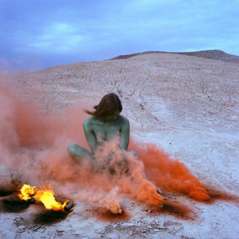 Judy Chicago, Immolation from Women and Smoke, 1972 Fireworks performance Performed by Faith Wilding in the California Desert © Judy Chicago/Artists Rights Society (ARS), New York Photo courtesy of Through the Flower Archives Courtesy of the artist; Salon 94, New York; and Jessica Silverman Gallery, San Francisco