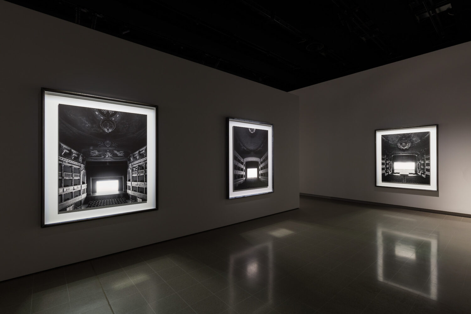 Installation view of Hiroshi Sugimoto, Abandoned Theatres series. Photo Mark Blower. Courtesy the artist and the Hayward Gallery.