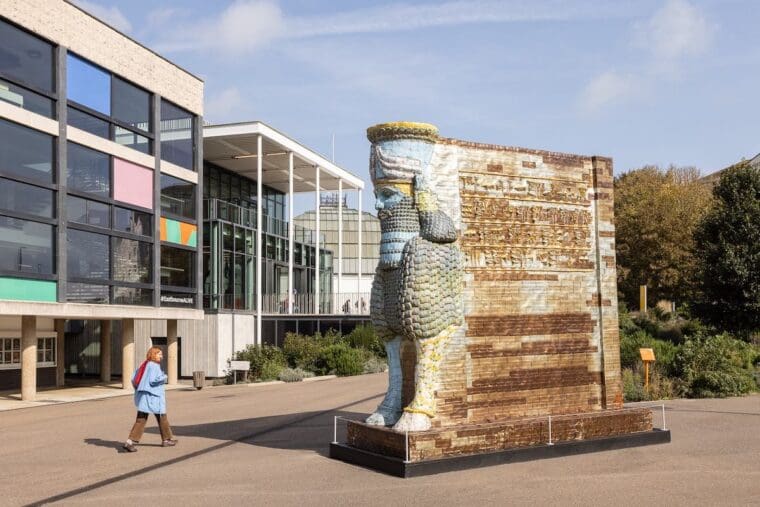 A large sculpture clad in date syrup cans in the Towner Plaza. Michael Rakowitz, The invisible enemy should not exist (Lamassu of Nineveh) 2018. Part of Eastbourne Alive Public Artworks