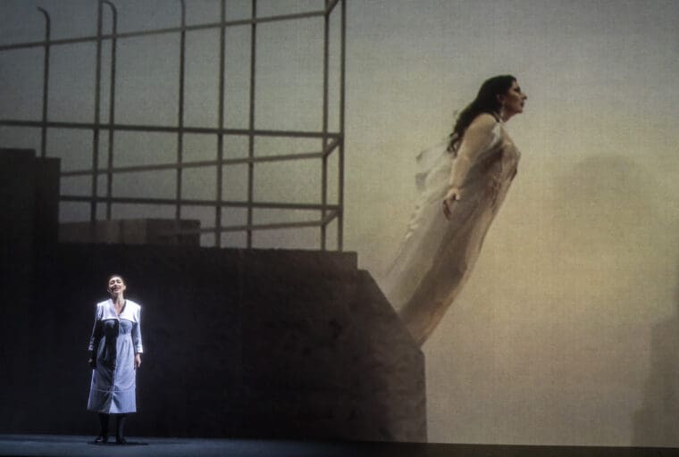 Elbenita Kajtazi (Tosca) and Marina Abramović (Maria Callas) in 7 Deaths Of Maria Callas an Opera Project by Marina Abramović with music by Marko Nikodijević @ London Coliseum. Conducted by Yoel Gamzou. Marina Abramović, Director, actor, set designer and scenography (Maria Callas). (Opening Night 03-11-2023) ©Tristram Kenton 10-23 (3 Raveley Street, LONDON NW5 2HX TEL 0207 267 5550 Mob 07973 617 355)email: tristram@tristramkenton.com