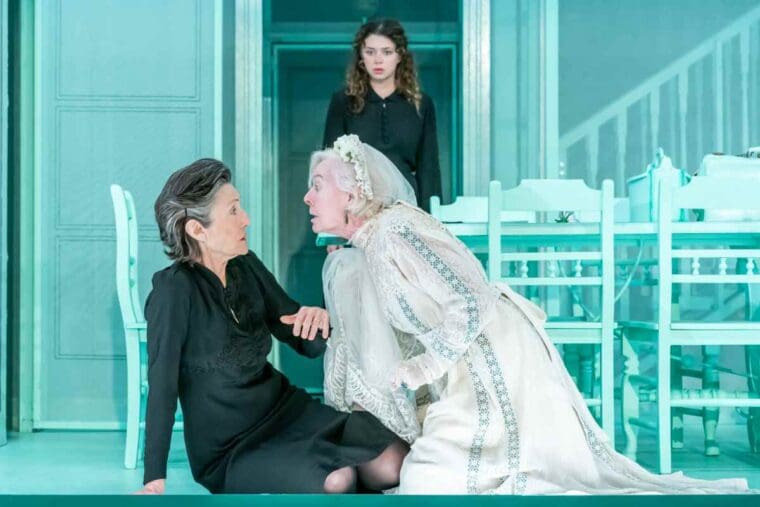Harriet Walter (Bernarda Alba), Isis Hainsworth (Adela) and Eileen Nicholas (Maria Josefa) in The House of Bernarda Alba at the National Theatre. Credit- Marc Brenner_5376