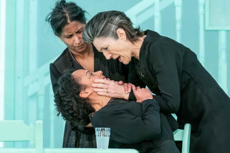 Rosalind Eleazar (Angustias), Thusitha Jayasundera (Poncia) and Harriet Walter (Bernarda Alba) in The House of Bernarda Alba at the National Theatre. Credit- Marc Brenner_1197