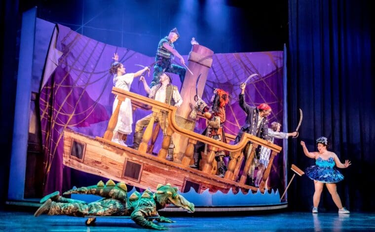 The cast aboard the set of the Jolly Roger at Peter Pan Goes Wrong at the Lyric Theatre London