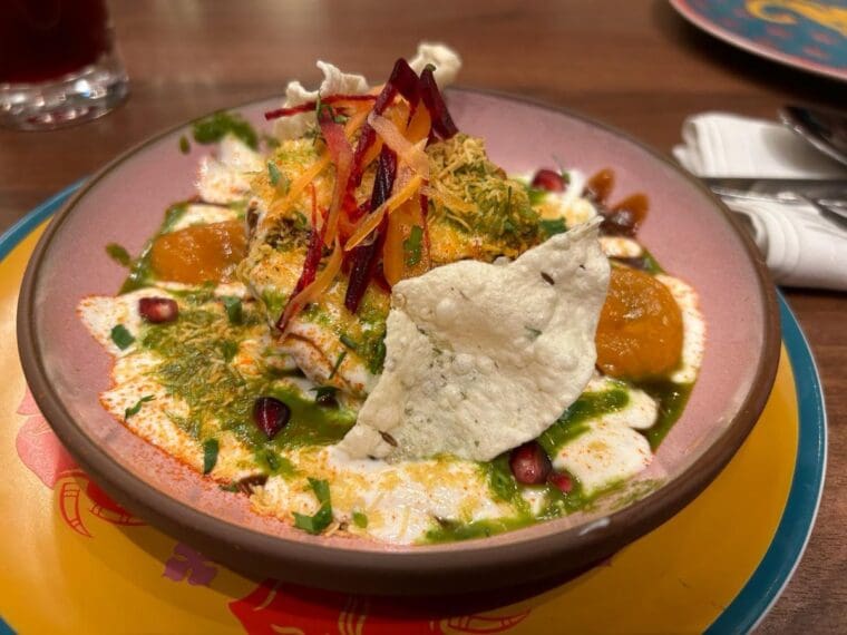 A multi-colourful dish of sauces and chat at Colonel Saab Trafalgar Square