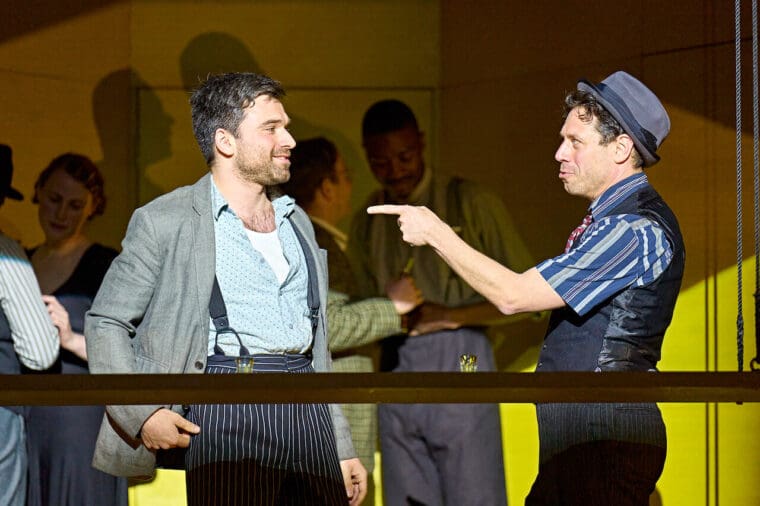 Pierro Niel-Mee (Young Man) and Daniel Abelson (Man at Bar) in Machinal at The Old Vic — credit Manuel Harlan