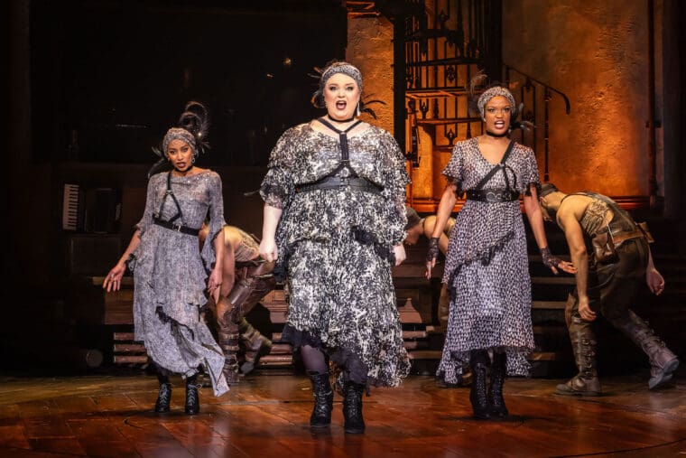 8. HADESTOWN Lyric Theatre, London. Bella Brown, Allie Daniel, and Madeline Charlemagne. Photo credit Marc Brenner