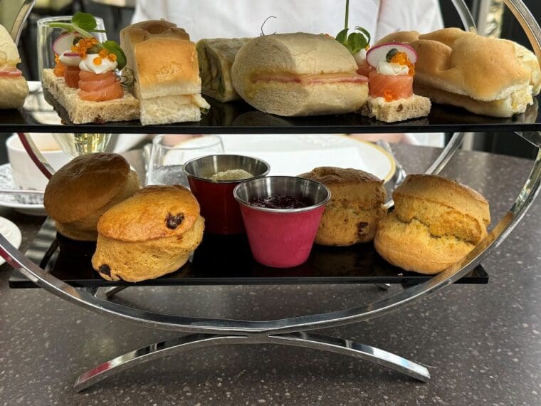 Savoury elements and scones Parisian afternoon tea