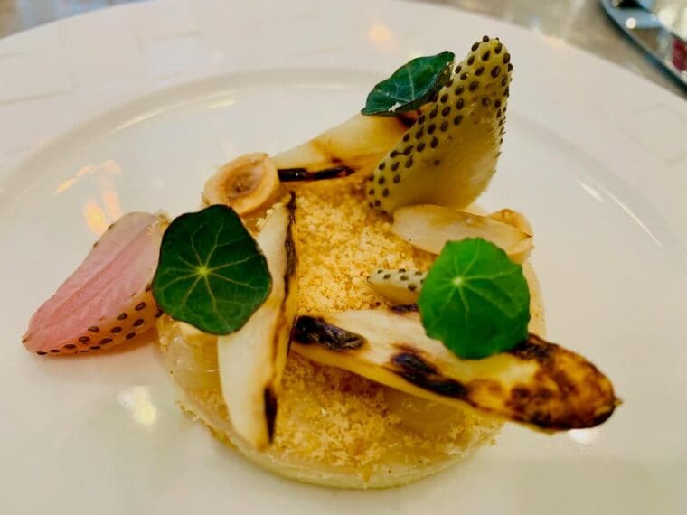 White Asparagus Bavarois with pickled green strawberries