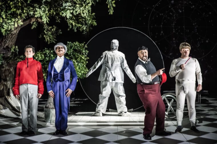 James Way as Flute, Geoffrey Dolton as Starveling, Adam Sullivan as Snout, Richard Burkhard as Bottom and Frazer Scott as Snug