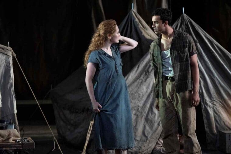 Mirren Mack (Rose of Sharon) and Anish Roy (Connie Rivers) in The Grapes of Wrath at the National Theatre (c) Richard Hubert Smith 0204