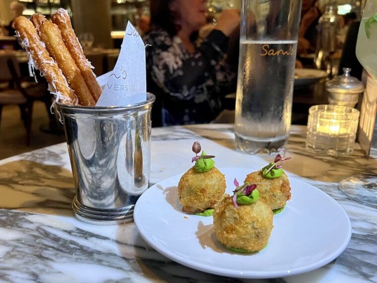 Churros & pea and courgette arancini