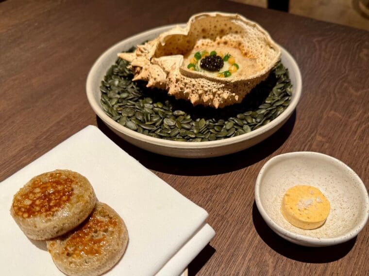Devon crab and crumpets