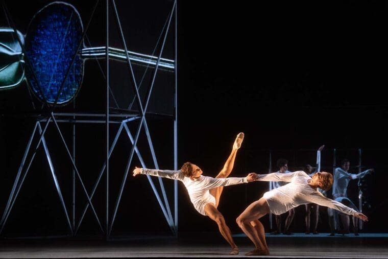 Giacomo Rovero (Adam) and Lukas B. Brændsrød (Zeb) in Wayne McGregor's MADDADDAM ©2024 RBO. Ph Andrej Uspenski