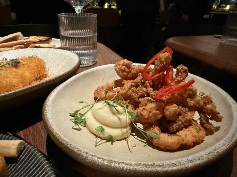 Pile of fried calamari in batter with red chilli and aoili