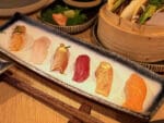 Nigiri selection of six sushi pieces topped with various fish