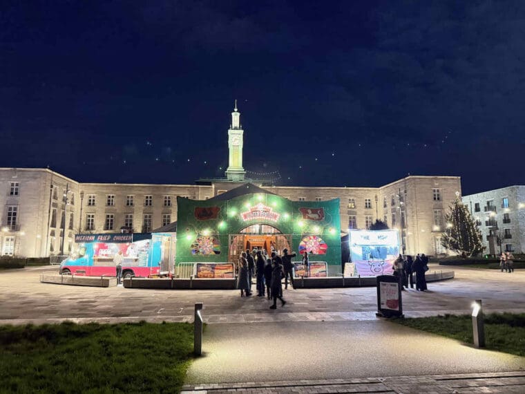 The Revel Puck Circus Speigeltent at Walthamstow Town Hall by night.