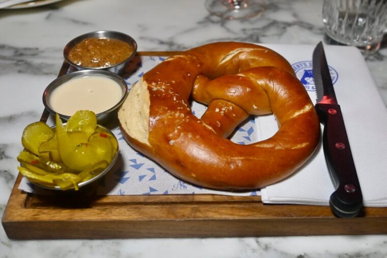 Albert's Schloss pretzel and pickles