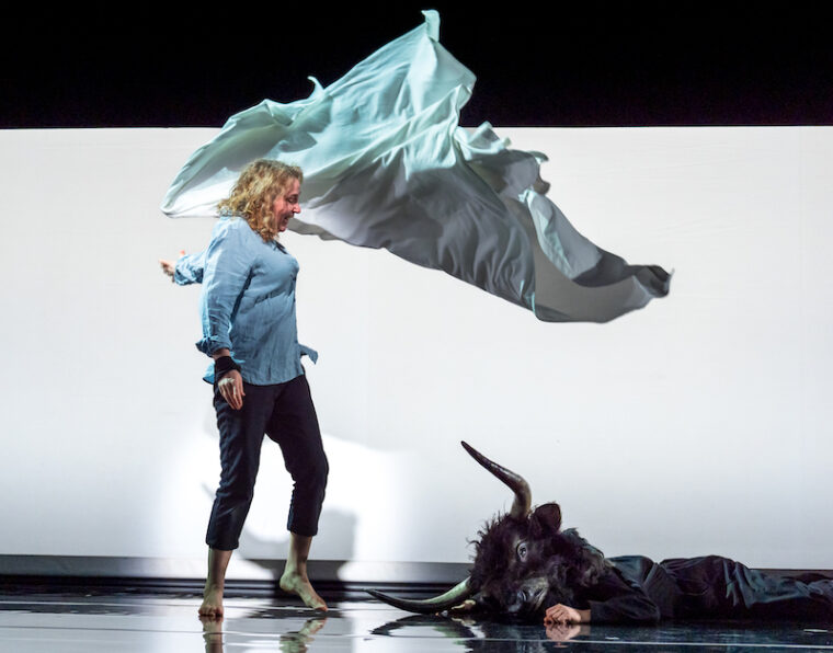 Phaedra unveiling the Minotaur on stage in the RBO's production of Phaedra + Minotaur