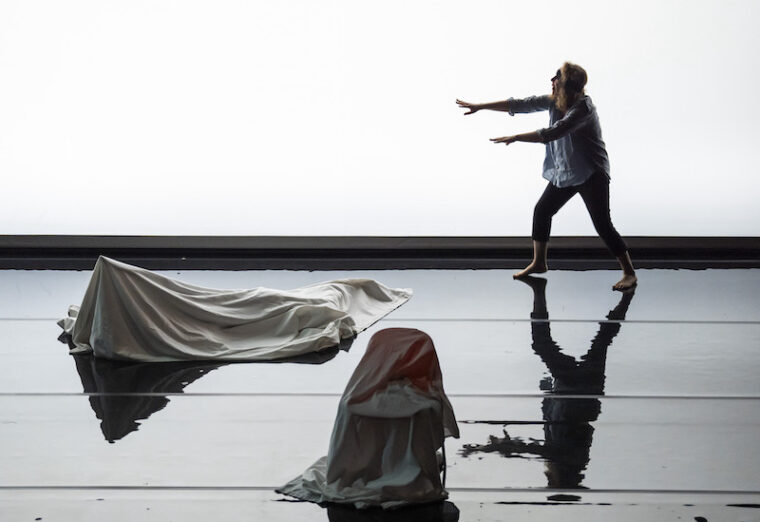 Phaedra onstage blindfolded onstage in the RBO's production of Phaedra + Minotaur
