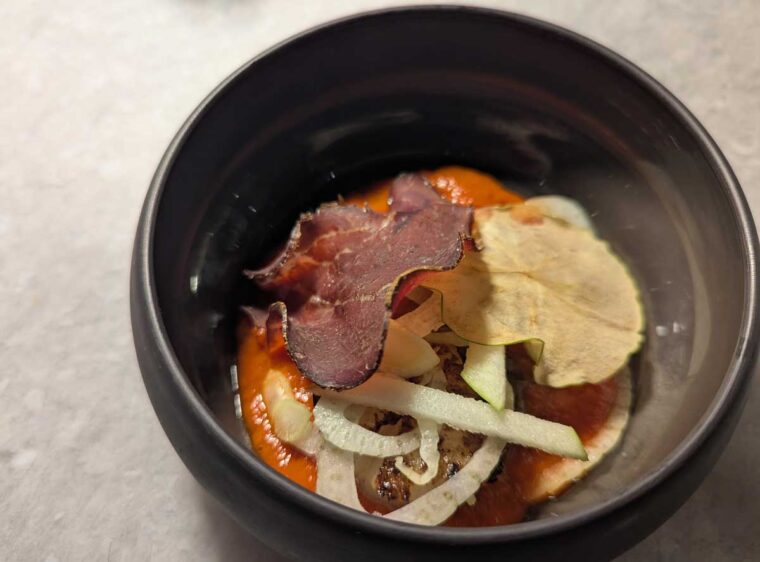 Devonshire Hand Dived Scallop in a Bowl with Bresaola Crisp