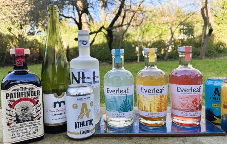 Selection of low and non alcoholic wine, beer, and spirits