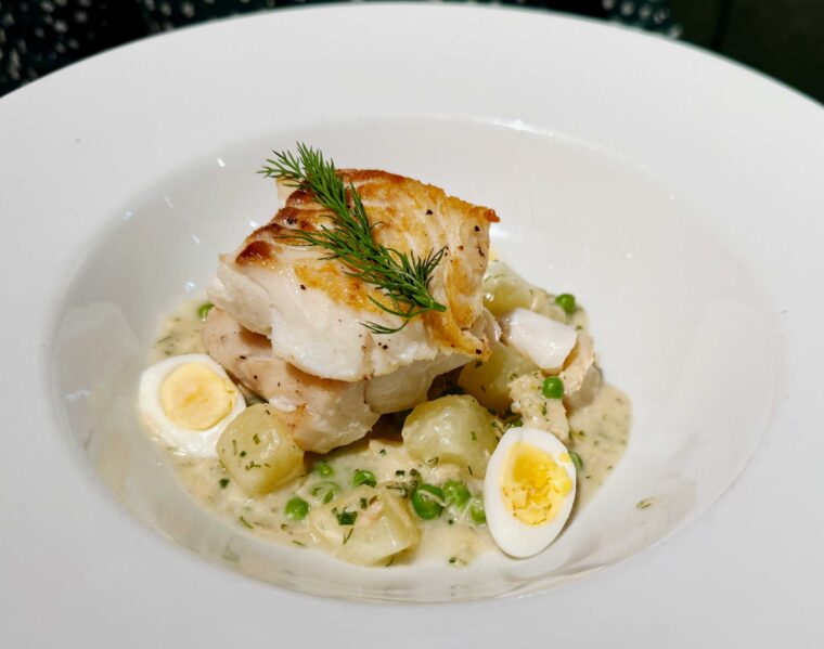 Baked Skrei with smoked haddock cullen skink and quail eggs