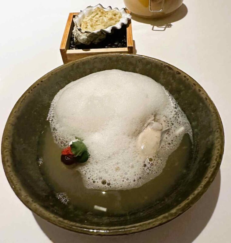 KHAAN fine dining restaurant Bangkok Barron point oyster, Surat Thani oyster, lacto-fermentation king oyster mushroom.