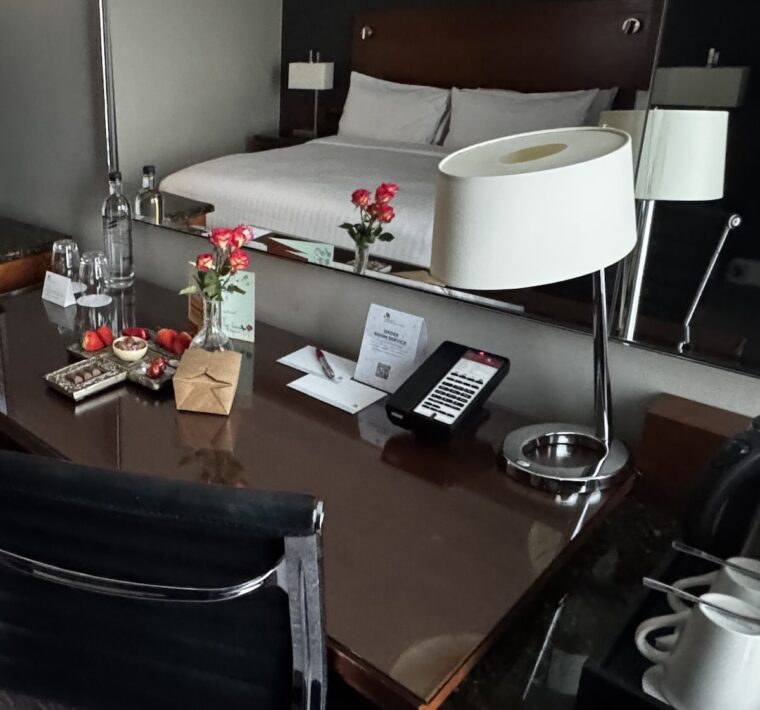 Desk with gifts at the London Heathrow Marriott Hotel