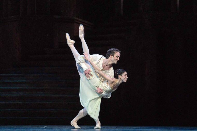 Yasmine Naghdi as Juliet and Matthew Ball as Romeo in the 2025 Romeo and Juliet at RBO