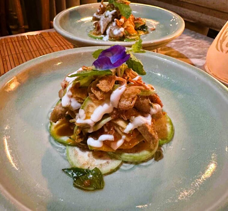 Thiptara Thai Restaurant at The Peninsula Bankgok, grilled cheeva pork salad with Thai eggplant, lemongrass and chilli paste