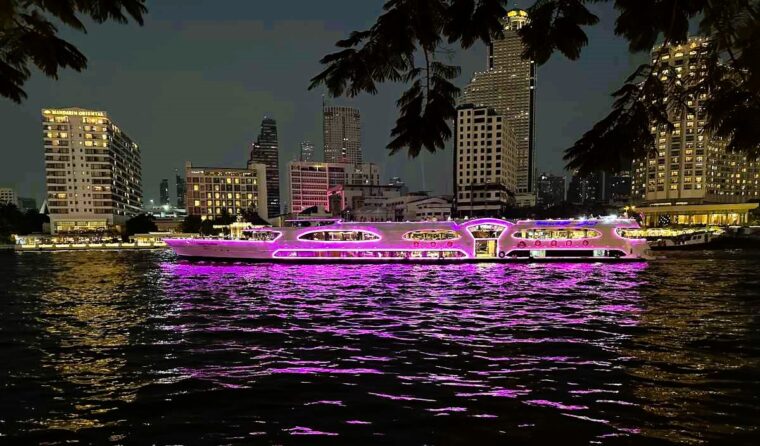 Thiptara Thai Restaurant at The Peninsula Bangkok provides wonderful riverside views after dark as cruise boats sail by