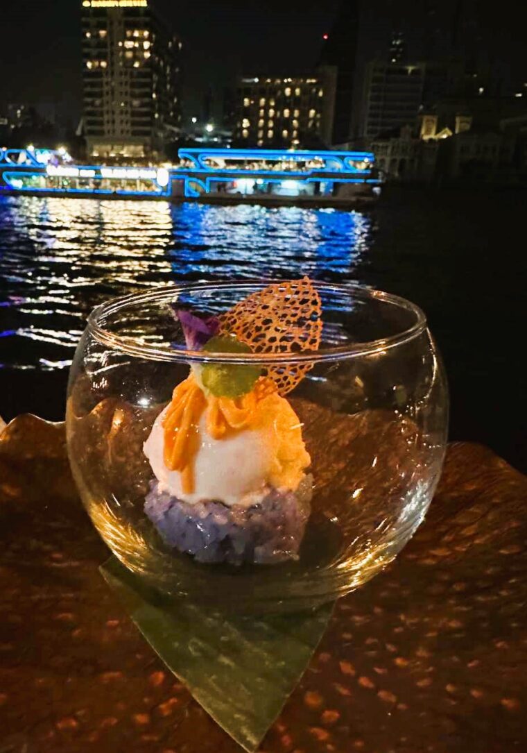 Thiptara Thai Restaurant at The Peninsula Bangkok homemade coconut ice cream with salted egg yolk sauce, Thai tea custard and sweet sticky rice