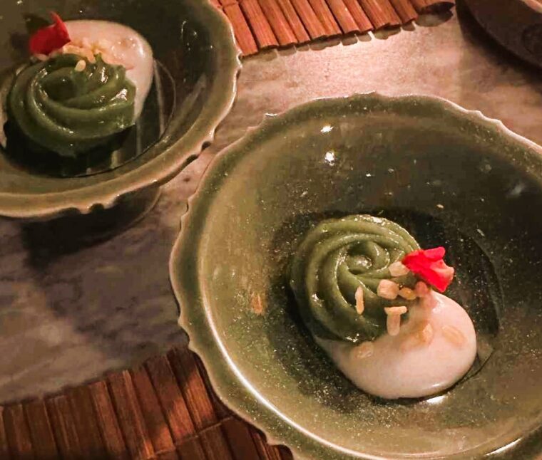 Thiptara Thai Restaurant at The Peninsula Bangkok petit four of pandan jelly, coconut milk and mung bean
