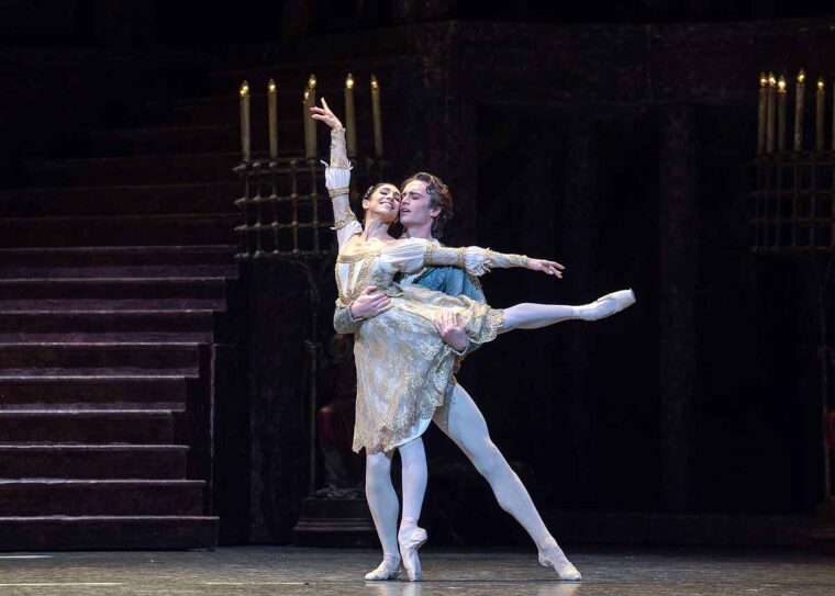 Yasmine Naghdi as Juliet and Matthew Ball as Romeo in the 2025 Romeo and Juliet at RBO
