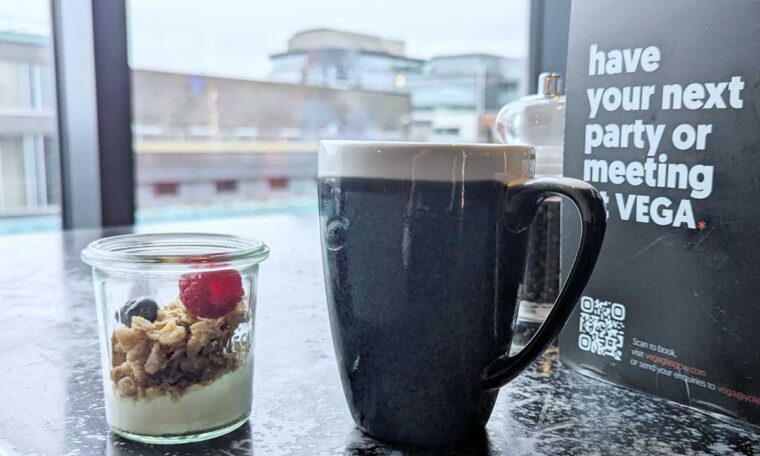 Breakfast granola and coffee, Vega at the Yotel
