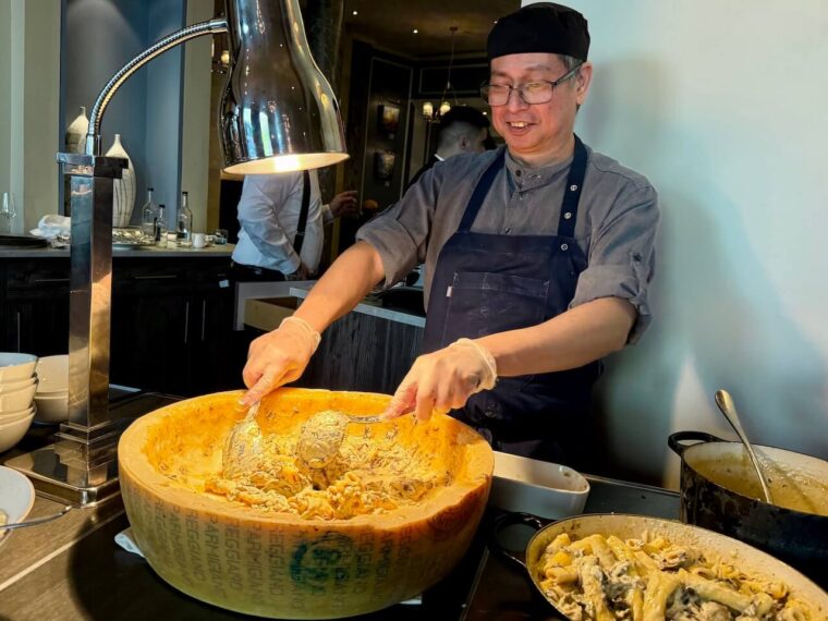 Pasta served in Parmesan wheel