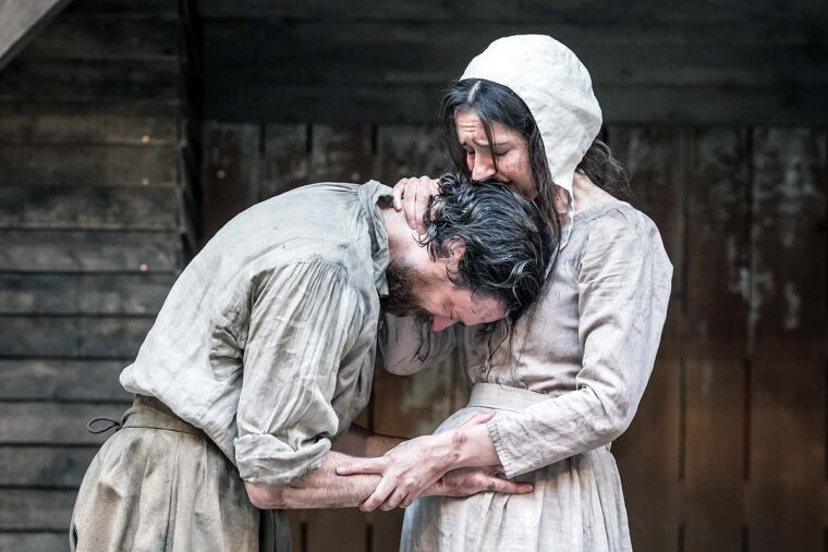 Gavin Drea as John Proctor and Phoebe Price as Elizabeth Proctor in The Crucible, Globe Theatre 2025