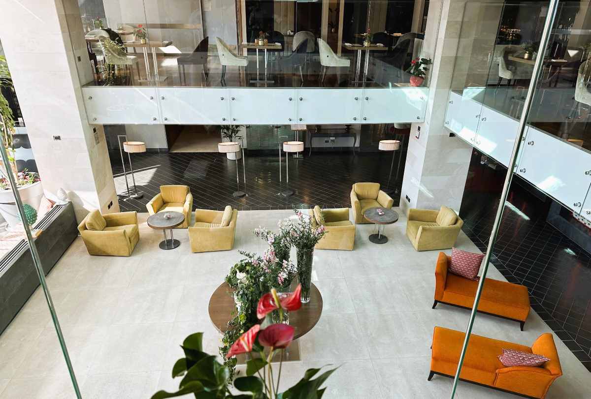 H Collection Taormina breakfast  is served in a mezzanine galleryoverlloking the entrance lobby
