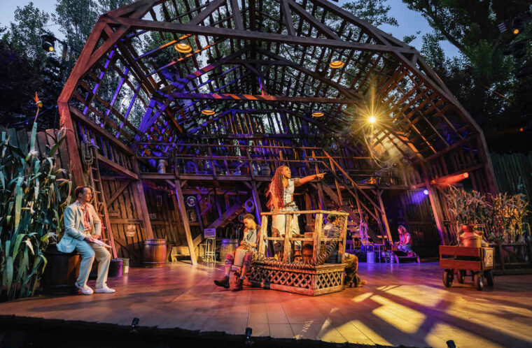 Shucked, Regent's Park Open Air Theatre - photo Pamela Raith - Gordy left with Lulu standing at the bar