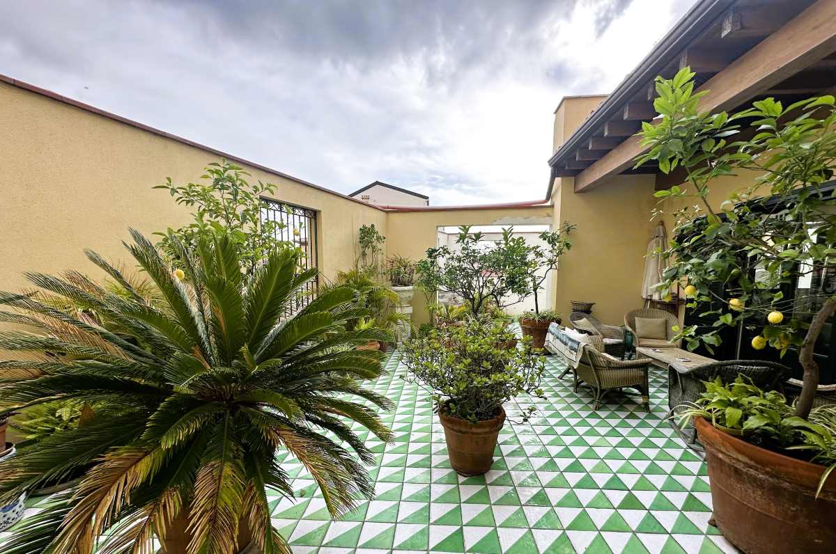 La Bella Palermo has a peaceful outdoor terrace with traditional green and white tiles and trees in terracotta pots