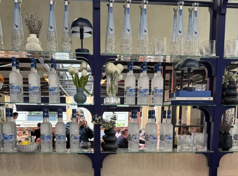 Bar wth Grey Goose vodka bottles at La Terrasse 