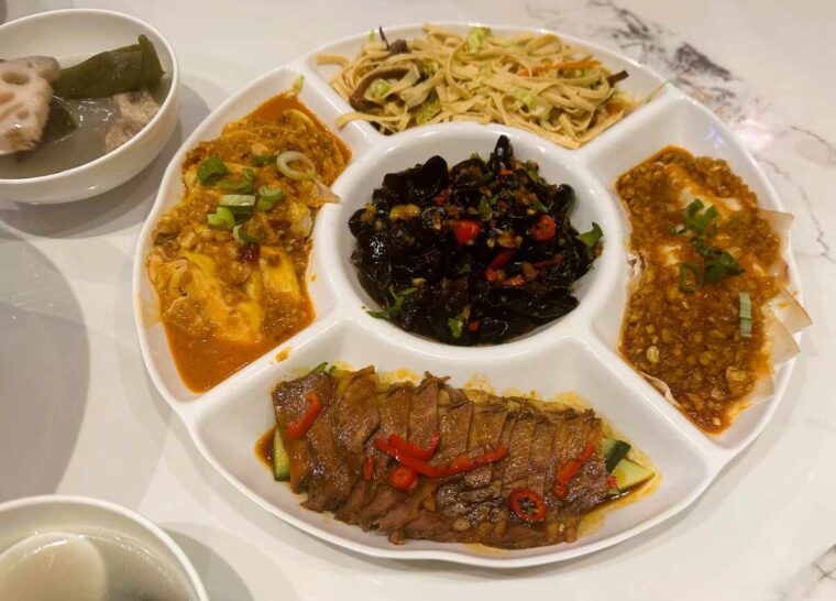 Senxia Renjia appetiser platter has five cold starter dishes.
