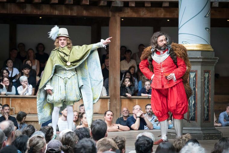 Adam Wadsworth as Slender and George Fouracres as Falstaff in The Merry Wives of Windsor at Shakespeare's Globe