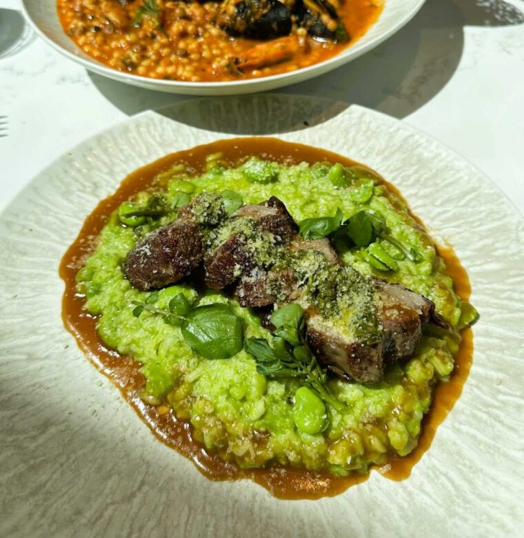 Adeline at The Memoir Hotel Welsh rump of lamb with broad beans and a pea and mascarpone risotto
