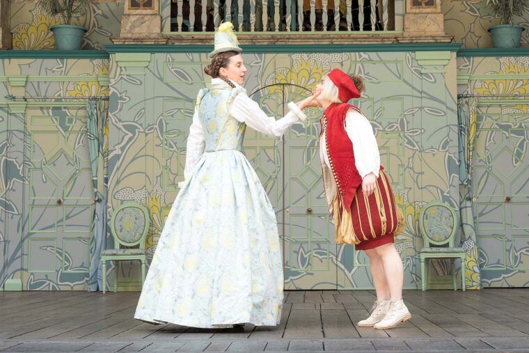 Emma Pallant as Mistress Page and Danielle Phillips as Robin the Page in The Merry Wives of Windsor at Shakespeare's Globe